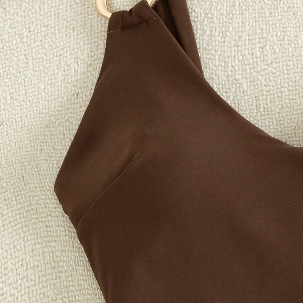 Brown Elegant Women's Sexy V-Neck One-Piece Swimsuit - Picture 4 of 5